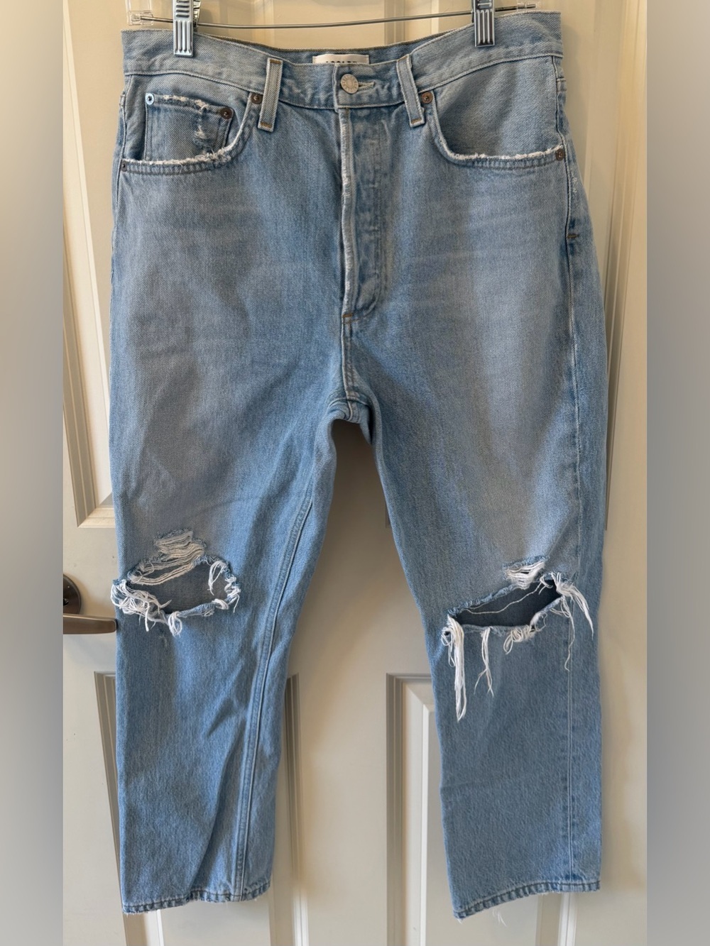 Agolde Riley High Rise Straight Crop Jeans, Distressed Blue, Size 29
